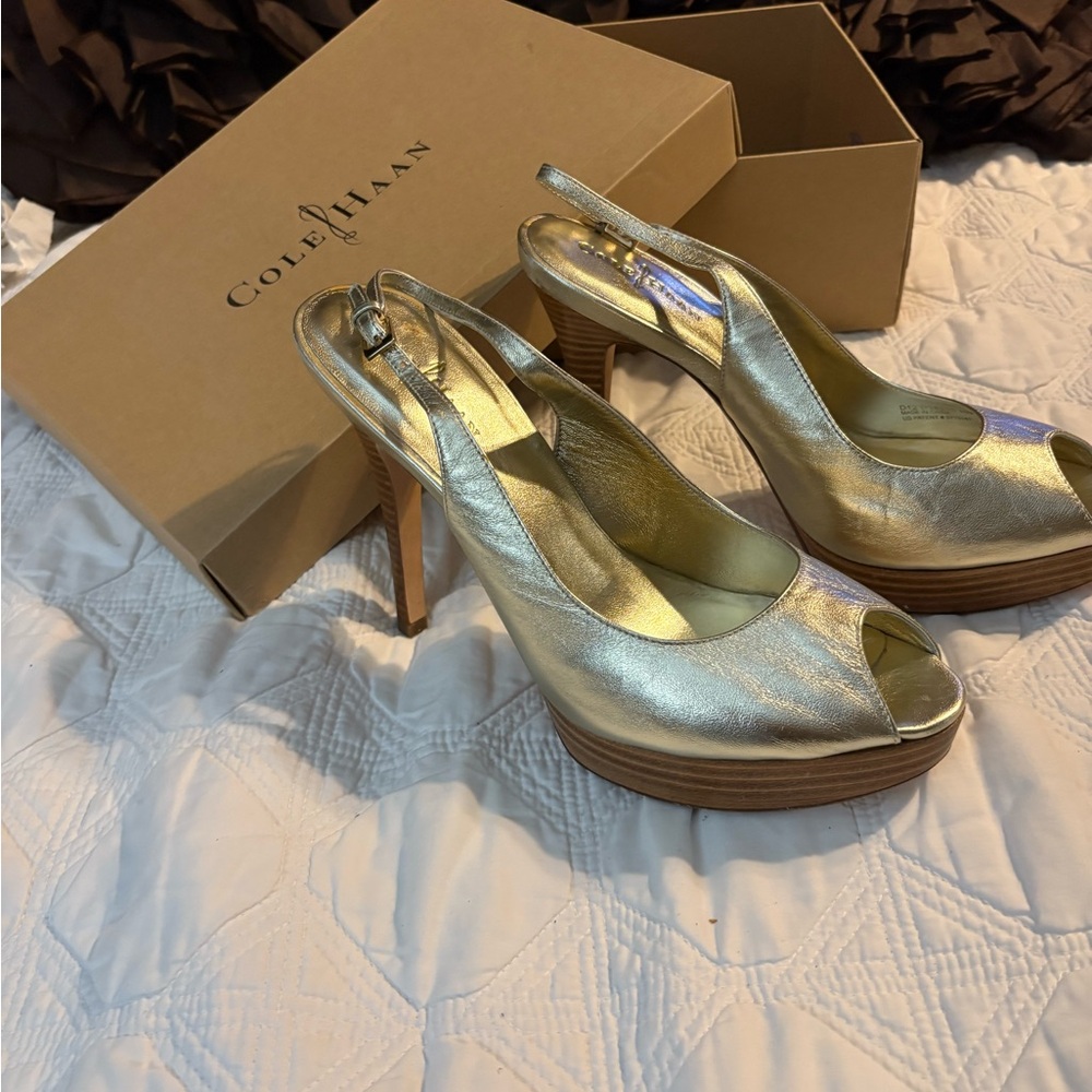 Cole Haan Nike Air gold leather slingback open-toe platform sandal.
